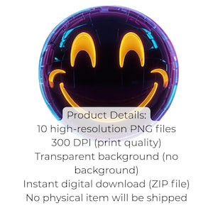 Könnte beinhalten: Digitalgrafik eines lächelnden Gesichts mit futuristischem Design. Das Gesicht ist dunkelviolett mit neon-gelben Augen und Mund. Der Text lautet: "Product Details: 10 hochauflösende PNG-Dateien, 300 DPI, transparenter Hintergrund, sofortiger digitaler Download."