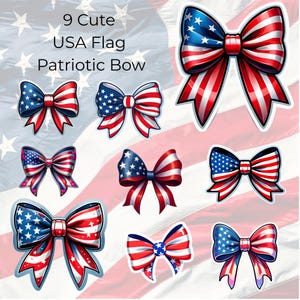 Könnte beinhalten: Neun niedliche patriotische Schleifen in Rot, Weiß und Blau, gestaltet mit der amerikanischen Flagge. Die Schleifen zeigen Sterne und Streifen. Der Text "9 Cute USA Flag Patriotic Bow" ist ebenfalls enthalten.