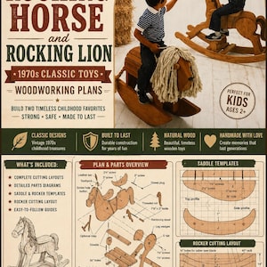 DIY Rocking Horse Childs Rocker and Rocking Lion 1970s Toys Woodworking Plans PDF Vintage How to Build Design Book Instant Download PDF