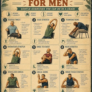 Op de afbeelding: Een informatieve poster in vintage-stijl getiteld CHAIR YOGA FOR MEN, met negen genummerde oefenillustraties met instructies en voordelen. De lay-out bevat iconen voor gezondheidsdoelen, tips voor resultaten en een QR-code.