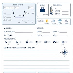 Foglio di registro delle immersioni subacquee, risorsa per subacquei Open Water Diver, diario delle immersioni, foglio di lavoro per la pianificazione, inserto per il profilo delle immersioni, stampabile, download immediato