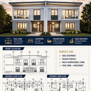 4 Bed Modern Duplex Floorplan Concept Plans Dual Living Vacation Builders Elevations Plans Building AirBNB House PDF Instant Download