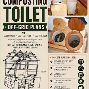 Pode incluir: Um documento de planos para sanitário de compostagem DIY com texto e diagramas. Inclui fotos de uma estrutura de sanitário de madeira com baldes brancos, um desenho linear de uma latrina de duas câmaras e uma lista de instruções e materiais.