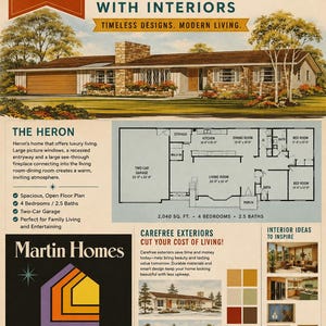 May include: A digital document titled 66 MCM Architect Designed House Blueprints with Interiors, featuring an illustration of a mid-century modern home, a detailed floor plan for The Heron model, and various interior design inspiration photos.