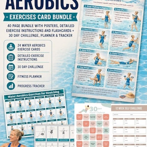 Peut inclure: Un ensemble de 40 pages d'exercices d'aquagym comprenant des affiches, des instructions détaillées, des fiches, un défi de 30 jours, un planificateur de fitness et un suivi de progression. Le matériel inclut des illustrations et du texte.