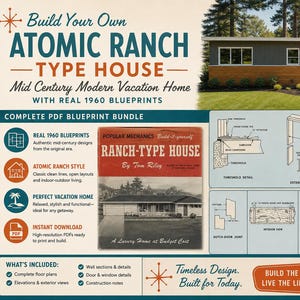 Build Atomic Ranch Type House Mid Century Modern Vacation Home with Real 1960 Blueprints PDF Bundle Decors Interiors Rancher Homestead House