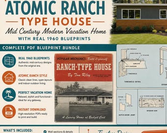 Costruisci una casa in stile Atomic Ranch, casa vacanze moderna di metà secolo con veri progetti del 1960 in formato PDF, decorazioni per interni, casa colonica in stile Rancher.
