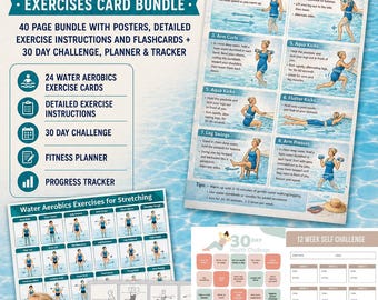 24 Wassergymnastik-Übungskarten: Dehnübungen im Wasser, Aquafitness, Wassergymnastik, Rumpfmuskulaturtraining für Senioren, Übungen im tiefen und flachen Wasser (PDF-Download)