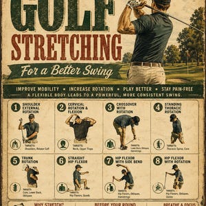 Exercices d'étirement pour golfeurs : améliorer son swing, défi, entraînement de golf, affiche et tableau PDF d'étirements, fitness féminin à télécharger