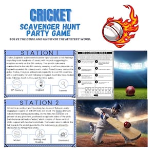 Può includere: Un gioco educativo colorato per bambini sul cricket. Il gioco include una caccia al tesoro con due stazioni, un foglio di registrazione e un'immagine di un campo da cricket. Il testo sul tabellone di gioco dice "Cricket Scavenger Hunt Party Game Solve the Code and Uncover the Mystery Word."