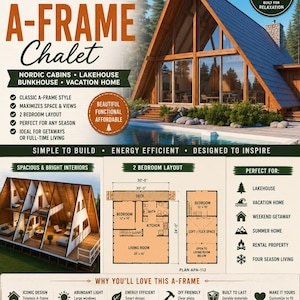 2 Bed A-Frame Chalet Nordic Cabins Lakehouse Bunkhouse Vacation Summerhome Holiday PDF Plans Blueprints Glamping Tiny Home DIY PDF Bundle