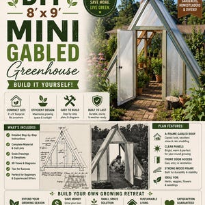 2 Baupläne für ein 8x9 Mini-Gewächshaus mit Giebeldach aus Holz – ideal für den Garten, als Wintergartenhaus im Vintage-Stil oder als Gartenhäuschen (PDF-Sofortdownload)