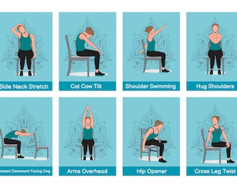 24 Chair Yoga Pose for Beginners Flashcard Card Sauna Stretch Chart 30 Day Workout Challenge PDF Exercise Home Desk Physical Therapy