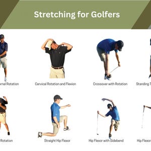 Ejercicios de estiramiento para hombres en golf para mejorar su swing. Entrenamiento de golf Challenge. Tutoría para estiramientos. Póster. Tabla PDF. Fitness para mujeres. Descarga.