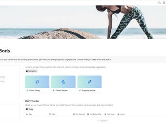 Planejador de exercícios de ioga com cadeira Notion, modelo editável, rastreador diário de condicionamento físico, rotina de progresso de saúde, registro de exercícios, painel de condicionamento físico em PDF