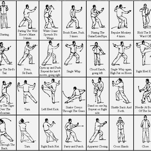 Puede incluir: Un diagrama en blanco y negro que ilustra movimientos de Tai Chi. Cada cuadro representa una postura diferente con texto descriptivo, incluyendo "Starting", "Single Whip" y "Cross Hands". La imagen es una gu&iacute;a para aprender Tai Chi.