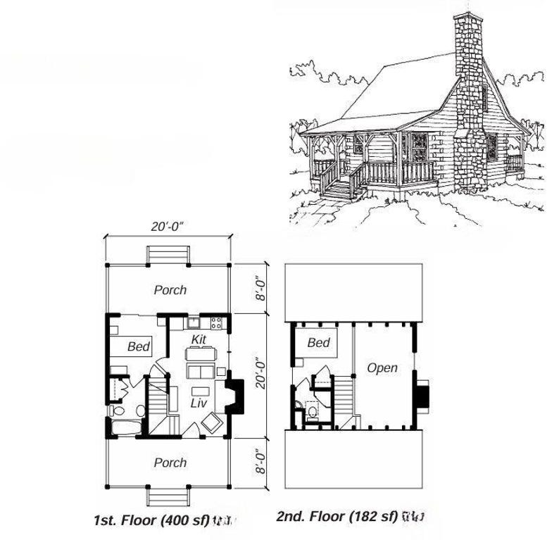 2/3 Bed Small Log Cabin With Loft Porch Floorplan Plans Vacation Chalet ...