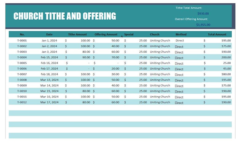 Church Tithe Pledge Tracker Monthly Offering & Contribution Spreadsheet ...