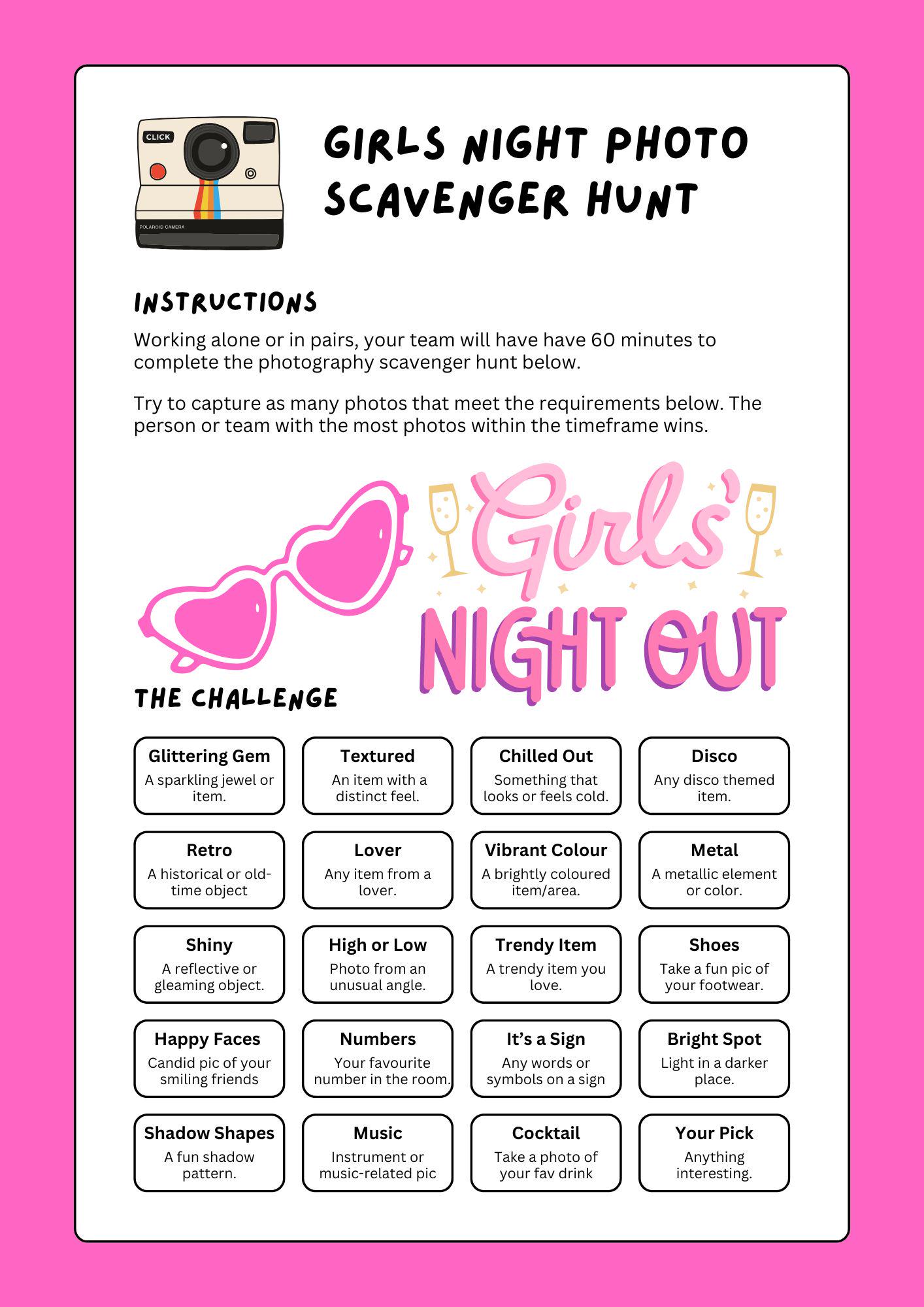2025 Girls Night Party Birthday Galentine Bachelorette Selfie Photo Challenge Scavenger Hunt Printable Game Print & Play Indoor Photography