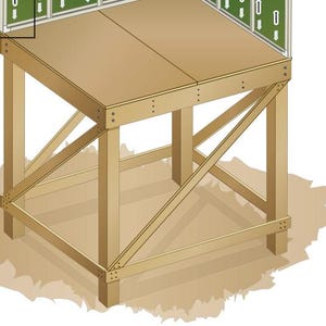 May include: A wooden platform with a square base and a rectangular top. The platform is supported by four legs and has diagonal bracing for added stability.