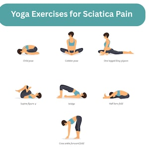 May include: Illustration of yoga poses for sciatica pain relief. Poses include Child pose, Cobbler pose, One legged king pigeon, Supine figure 4, bridge, Half hero fold, and Cross ankle forward fold. The text "Yoga Exercises for Sciatica Pain" is at the top.