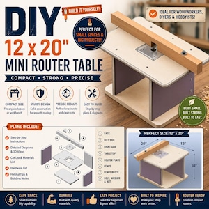 Mesa de fresadora pequeña de 12 x 20 pulgadas, banco de trabajo, plantilla para fresadora, planos de carpintería fáciles, diseño en PDF, instrucciones de construcción, descarga instantánea.