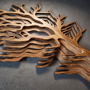 May include: A layered wooden wall art piece depicting a stylized tree. The artwork features multiple layers of cut wood, creating a three-dimensional effect. The wood has a natural, warm brown tone, and the piece is mounted on a grey wall.