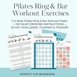 Op de afbeelding: Een verzameling Pilates-trainingsgidsen en een 30-daagse challenge-planner. De gidsen bevatten gedetailleerde oefeninstructies en een tracker. De tekst op de gidsen bevat "Pilates Ring & Bar Workout Exercises" en "30 Day Pilates Ring Challenge".