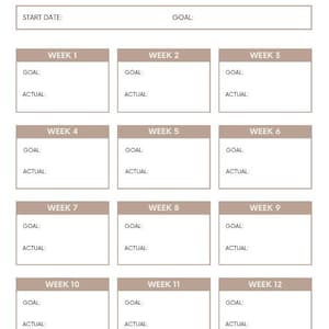May include: A beige and white 12-week self-challenge planner. The planner includes sections for start and end dates, goals, and weekly progress tracking. Each week has space for goals and actual results.