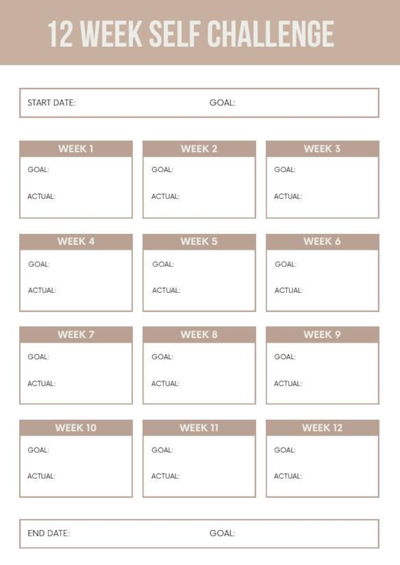 May include: A beige and white 12-week self-challenge planner. The planner includes sections for start and end dates, goals, and weekly progress tracking. Each week has space for goals and actual results.