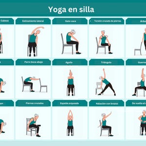 Könnte beinhalten: Türkisfarbene Infografik mit dem Titel "Yoga en silla" (Yoga im Stuhl) mit Illustrationen von Yoga-Posen. Jede Pose zeigt eine Person in einem türkisfarbenen Oberteil und einer schwarzen Hose. Die Posen umfassen "Perro boca abajo" und "Aguila."
