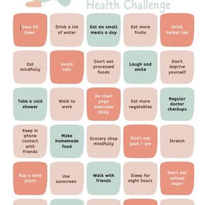 May include: A colourful infographic titled "30 Day Health Challenge" with a person relaxing at the top. The graphic features a grid of health tips, including eating habits, exercise, and lifestyle choices, in a pastel colour scheme.