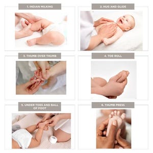 43 Bebê Infantil Recém-nascido Massagem Exercício Pernas Pés Rosto Estômago Braços Mão Costas Massagem Suave Treinamento Cólica Gás PDF Imprimível Download Instantâneo