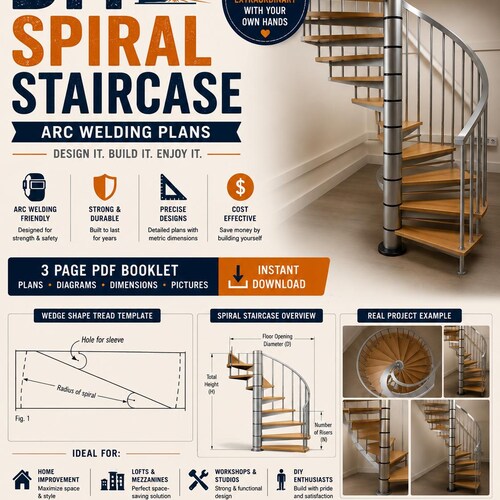 Arc Welding Plans DIY Spiral Staircase Loft Stair Construction Metalwork Plans PDF Vintage How to Build MCM Design Stairs Instant Download