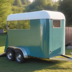 May include: A teal horse trailer with a white roof and two windows. The trailer has a ramp on the front and a hitch on the back.