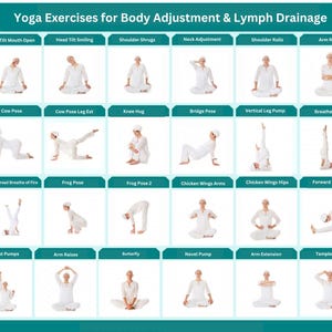 Puede incluir: Un gráfico con ilustraciones de posturas de yoga para el ajuste del cuerpo y el drenaje linfático. El gráfico está dividido en 18 secciones, cada una con una postura diferente y un título que describe la postura. Las posturas son realizadas por una mujer vestida de blanco.
