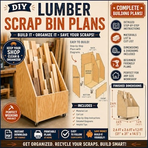 DIY Lumber Scrap Bin Storage Wood Offcuts Cut Off Plans Rack Storage Bracket Sheet Tote Holder Build Plan Plywood Woodworking PDF Download