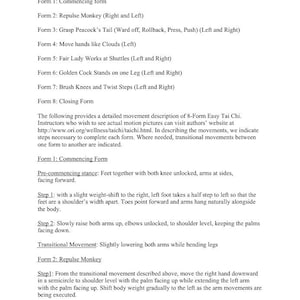Puede incluir: Documento de texto que detalla los movimientos de Tai Chi f&aacute;ciles de 8 formas, incluyendo los nombres de las formas e instrucciones. Incluye una direcci&oacute;n web para ayudas visuales. El texto es en fuente negra sobre fondo blanco.