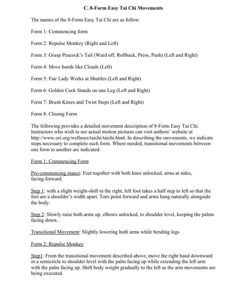 Puede incluir: Documento de texto que detalla los movimientos de Tai Chi f&aacute;ciles de 8 formas, incluyendo los nombres de las formas e instrucciones. Incluye una direcci&oacute;n web para ayudas visuales. El texto es en fuente negra sobre fondo blanco.