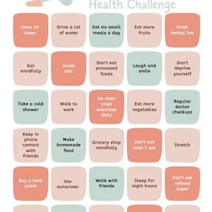 May include: A colourful infographic titled "30 Day Health Challenge" with a light blue and peach colour scheme. The graphic features a list of daily health goals, including eating habits, exercise, and self-care tips.