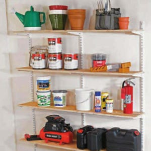 May include: White metal shelving unit with four shelves. The shelves are filled with various items, including paint cans, a fire extinguisher, a watering can, a bucket, and a small air compressor.