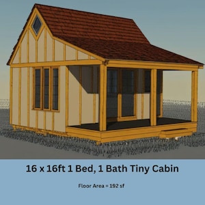 16 x 16 ft Tiny House Wilderness Kleine hut Plattegrond Plattegrond Vakantie Jachthuis Chalet Huis bouwen Hut Survival Rancher Homestead PDF