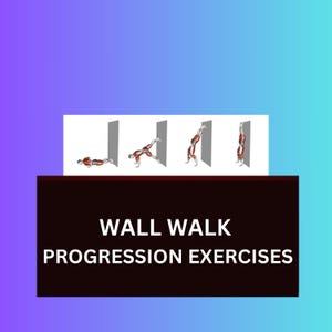 May include: An illustration showing the progression of wall walk exercises. The image features a person in various stages of the exercise, with the text "WALL WALK PROGRESSION EXERCISES" at the bottom. The background has a gradient of purple and teal.