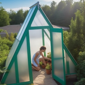 Op de afbeelding: Een vrouw die planten verzorgt in een kleine, groene, driehoekige kas met een doorzichtig plastic dak.