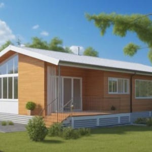 May include: A modern, single-story house with a light brown wooden exterior and a white roof. Large windows and glass doors provide ample natural light. The house is surrounded by green grass, trees, and a blue sky.