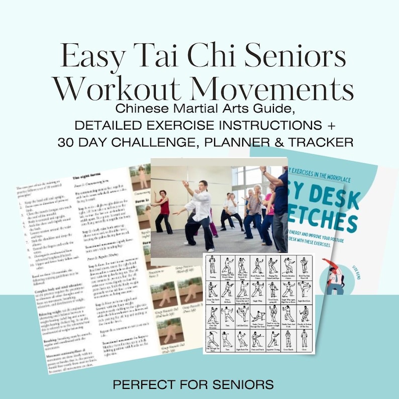 Póster de ejercicios fáciles de Tai Chi para personas mayores, con caminatas, terapia de arte marcial chino, tabla de ejercicios de autodesafío de 30 días para el hogar, PDF imagen 1