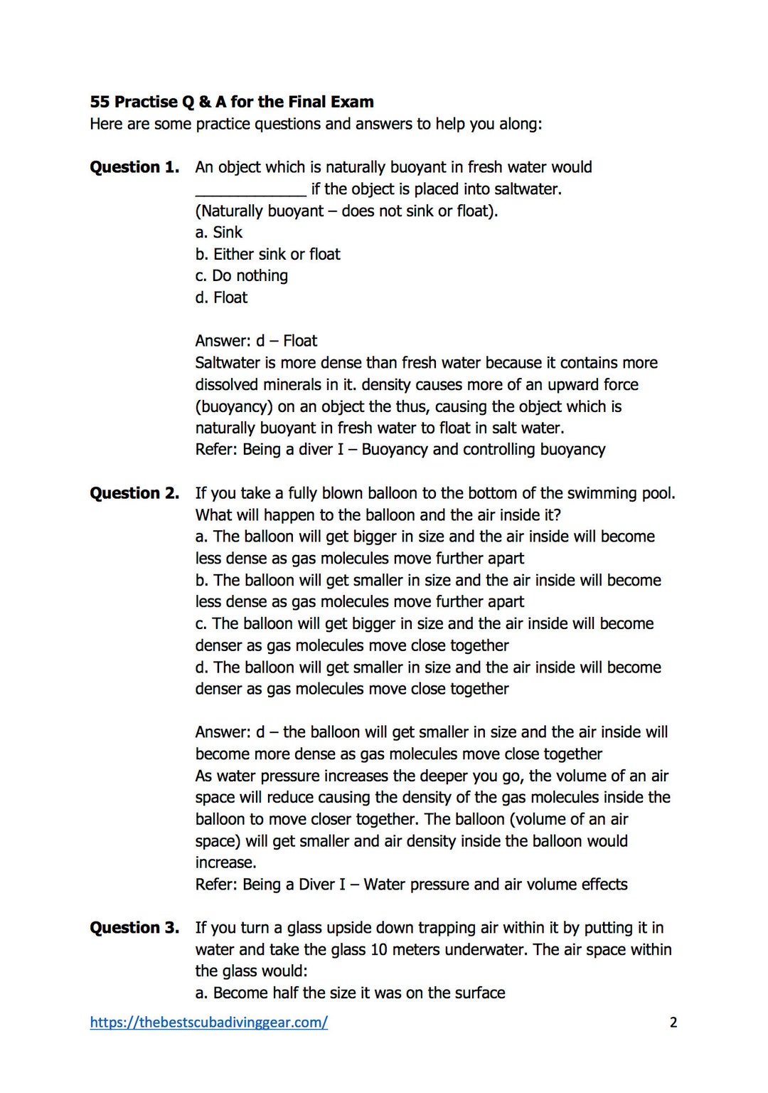 PADI Open Water Diver Certification Practise Mock Exam Test With