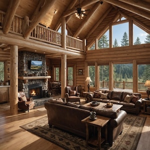 May include: A large living room with a stone fireplace and a large leather sofa. The room has a vaulted ceiling with exposed wooden beams and large windows that offer a view of a forest.