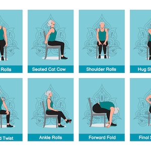 20 cartes-éclair pour postures de yoga sur chaise, tableau des étirements du sauna, défi d'entraînement de 30 jours au format PDF, exercice pour personnes âgées en fauteuil roulant, soins infirmiers à domicile, kinésithérapie