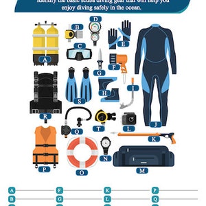Open Water Diver OWD Scuba Diving Gear Activity Sheets with Questionnaire and Word Search Puzzle Scuba Diving Printable Instant Download